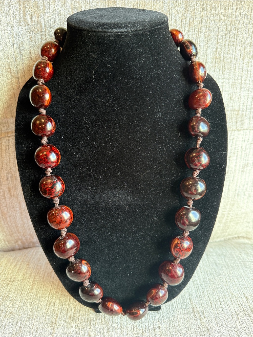 Chunky Lucite Faux Tortoise Cherry Amber Statement Necklace Knotted